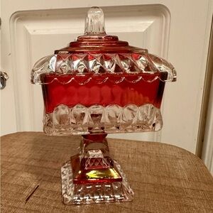 Vintage Rainbow hand painted ruby cranberry wedding glass pedestal candy dish